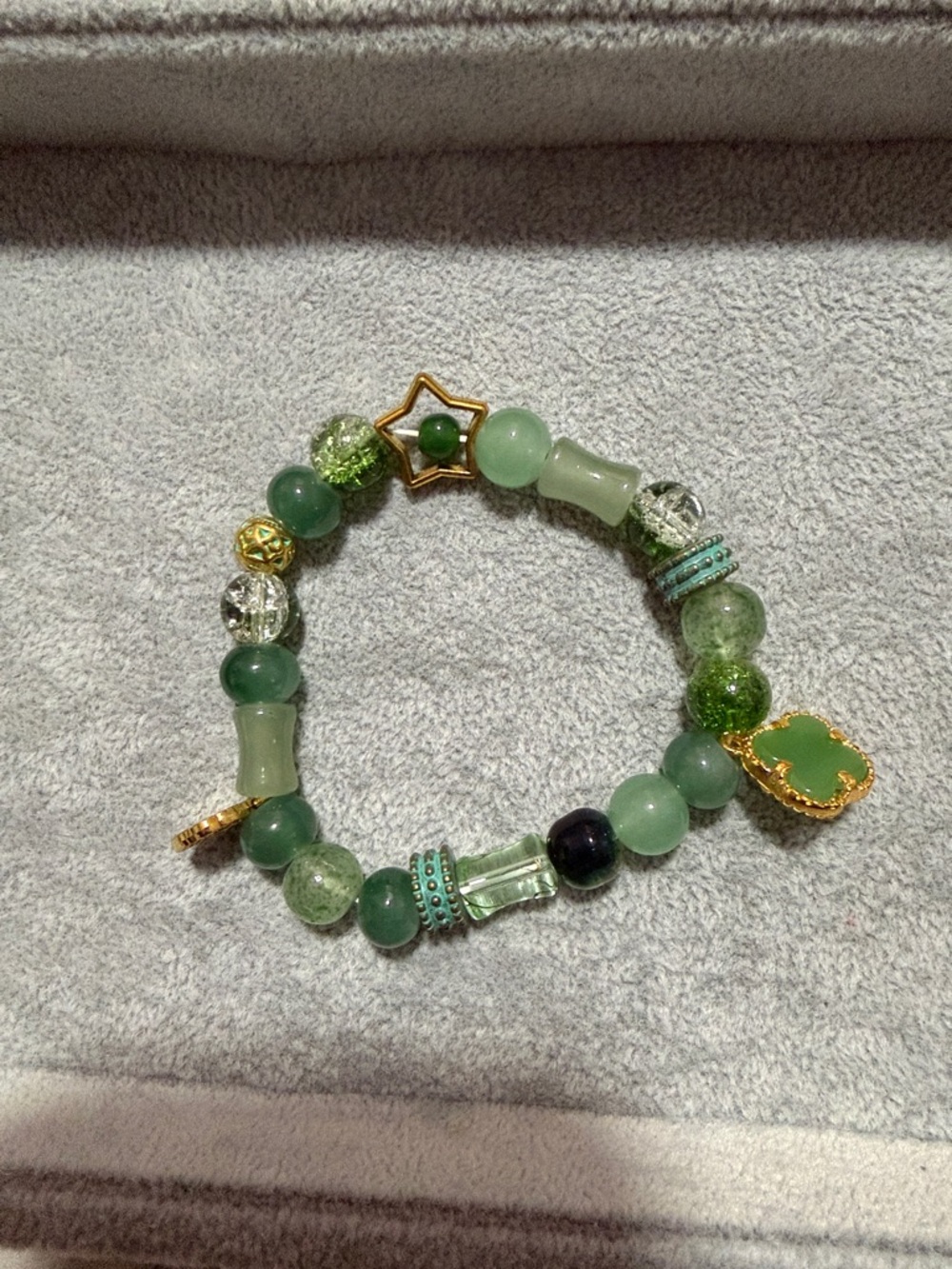 Green Glass Beaded Charm Bracelet with Gold Accents